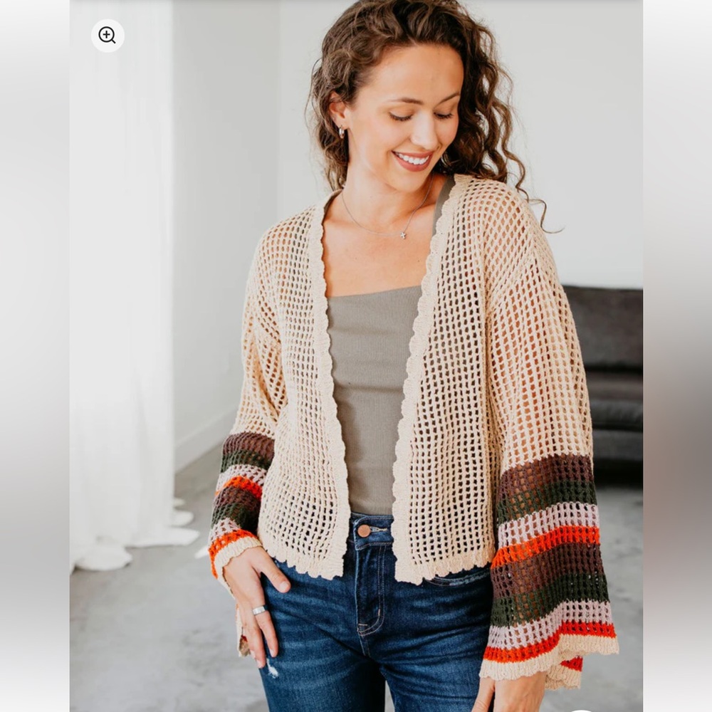 91. NWT So Me Beige/Multicolor Open Knit Crochet Bell Sleeve Cardigan Sweater